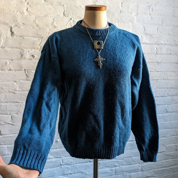 Vintage Woolrich Chunky Knit Wool Grandpa Sweater Teal Fuzzy Minimalist Western - Picture 1 of 9